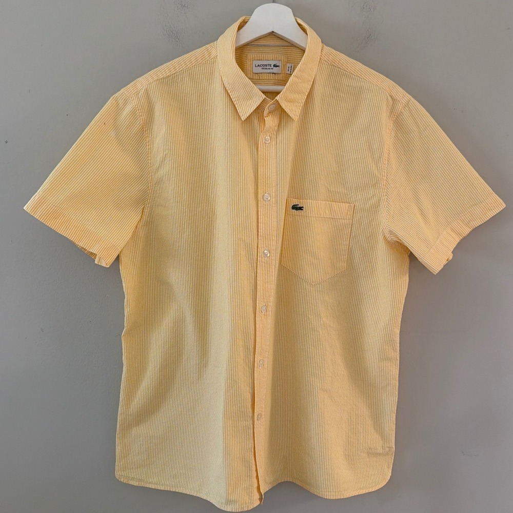Lacoste Mens Regular Fit Short Sleeve Striped Button Down Shirt Yellow US XL